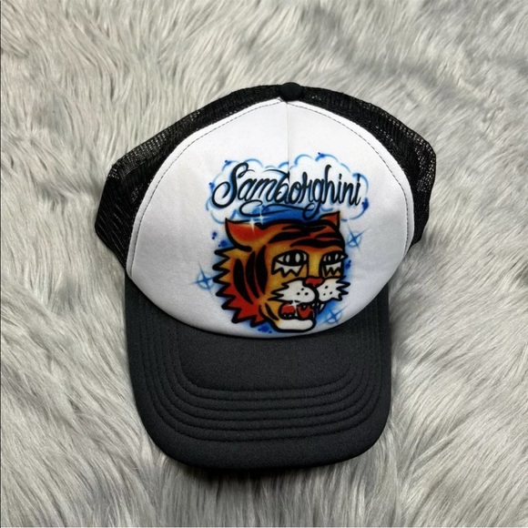 Samborghini Sad Wear Airbrush Tiger Black White Mesh Trucker Hat - Picture 1 of 7